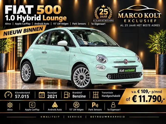 Fiat 500 1.0 Hybrid Lounge  Airco / Apple Carplay / Android Auto / 15" LM Velgen / Park Sensors / 1e...