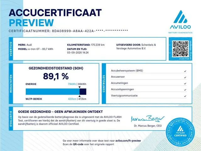 Audi e-tron GT GT 93 kWh / 89.1 SOH / BTW / Pano / Luchtvering / Camera /