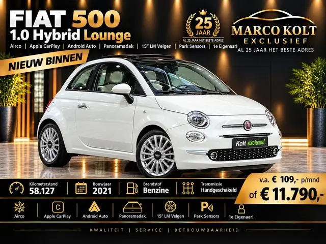 Fiat 500 1.0 Hybrid Lounge / Airco / Panoramadak / Park Sensors / 58000 KM / 15" LM Velgen /  WW Gla...