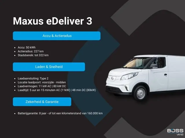 Maxus eDeliver 3 50kWh 122PK Elektrisch! L1 227km WLTP Cruise control Snelladen Laadkabel Camera Car...