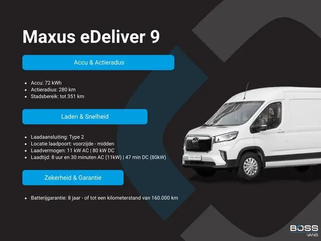 Maxus eDeliver 9 72kWh 280km WLTP Snelladen LED Carplay Cruise control Camera Airco Parkeersensoren...