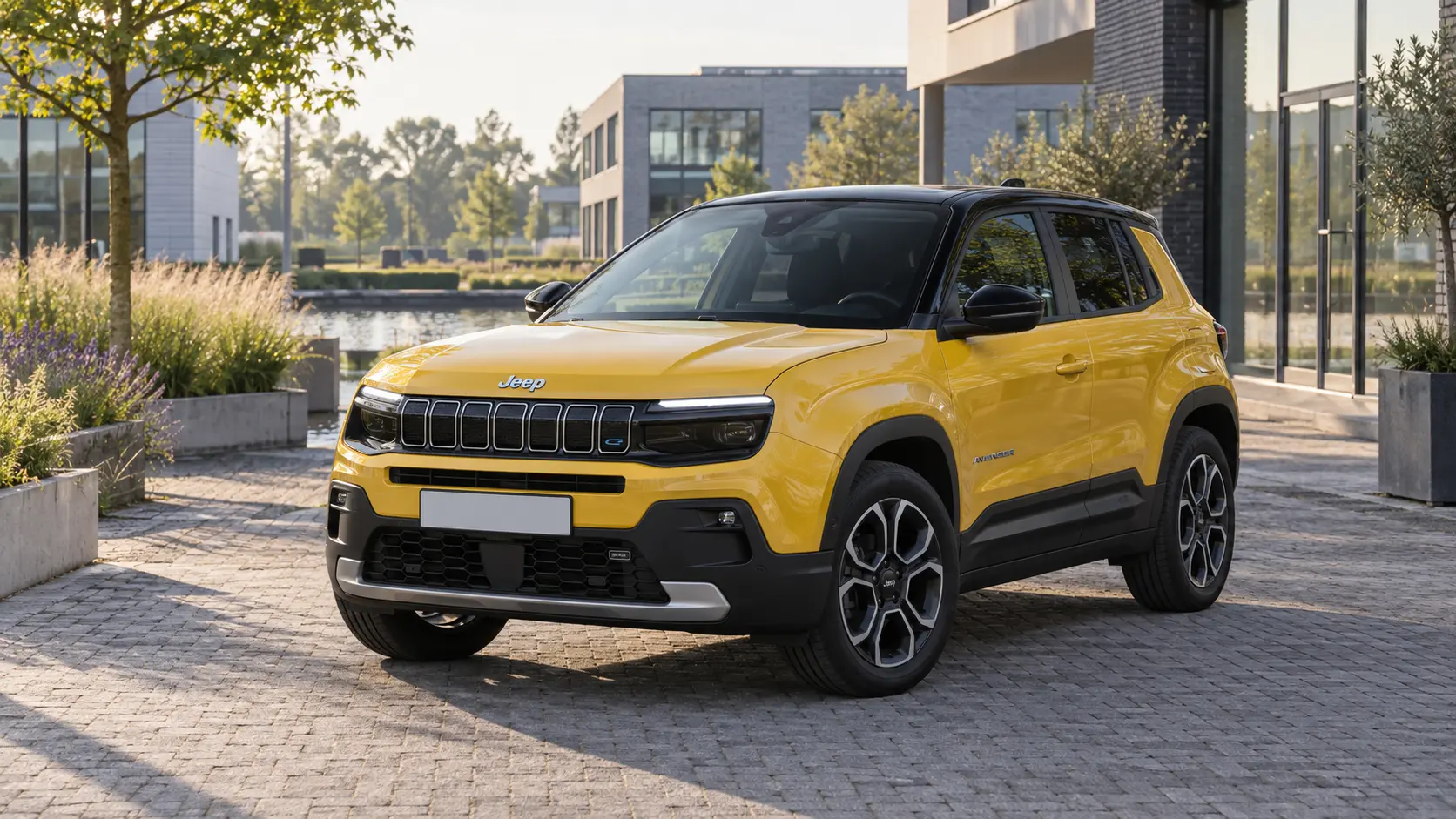 Gele elektrische Jeep Avenger bij een zakelijke locatie