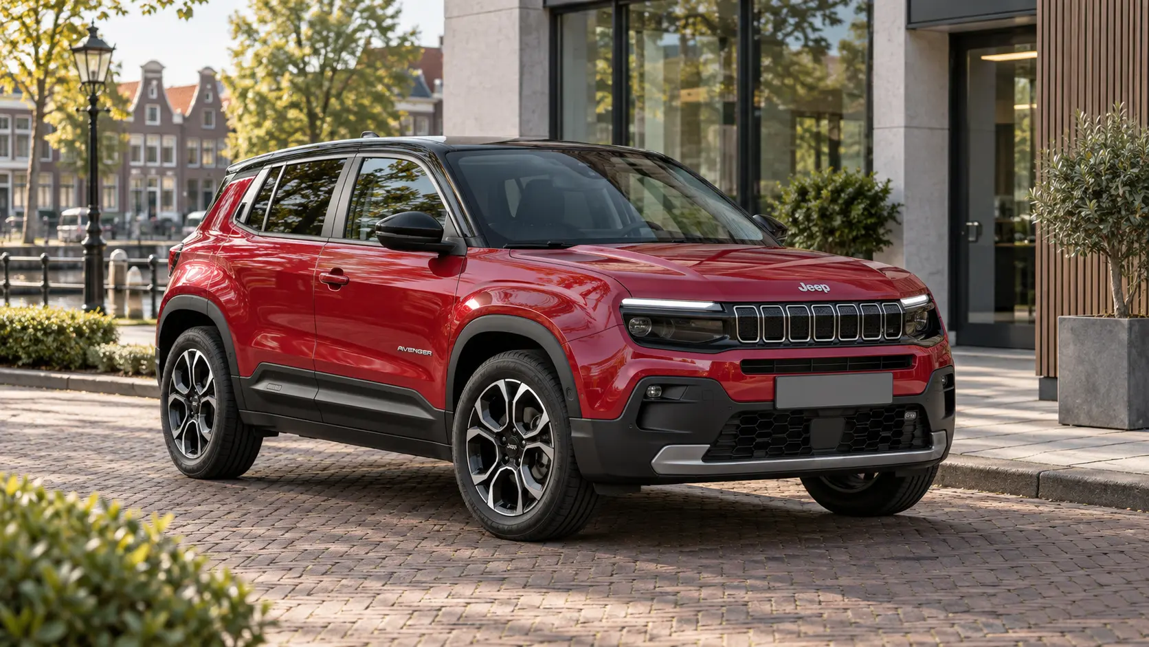 Rode Jeep Avenger e-Hybrid in een Nederlandse straat