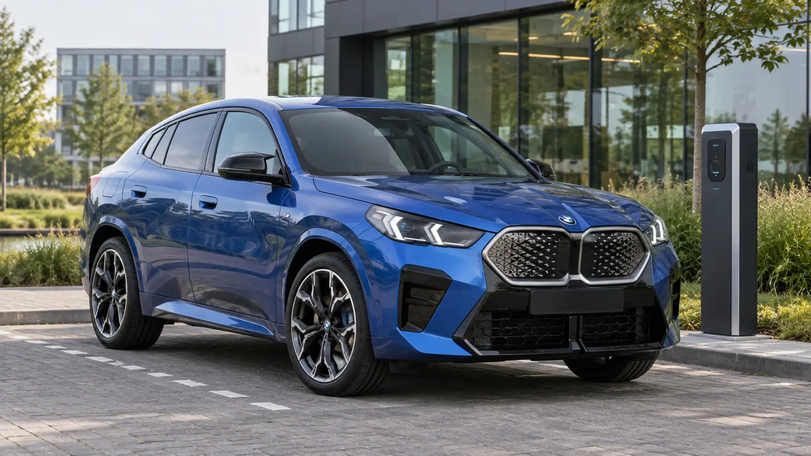 Blauwe BMW iX2 SUV-coupé bij een kantoor