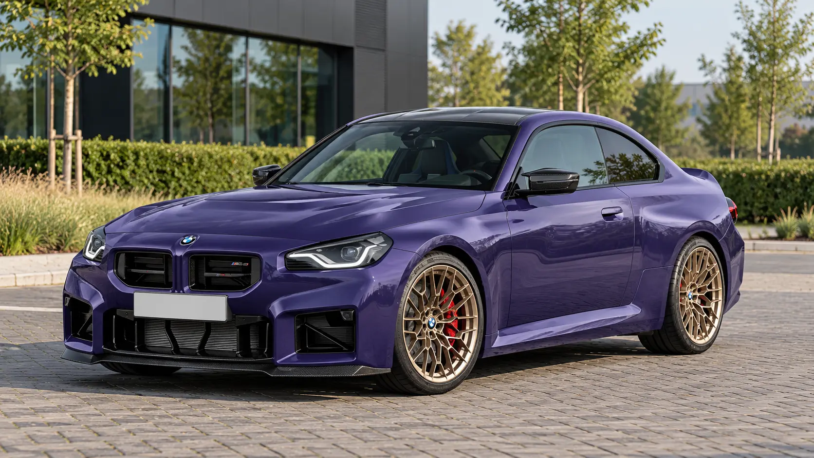 Paarse BMW M2 CS G87 met carbon dak en goudkleurige wielen