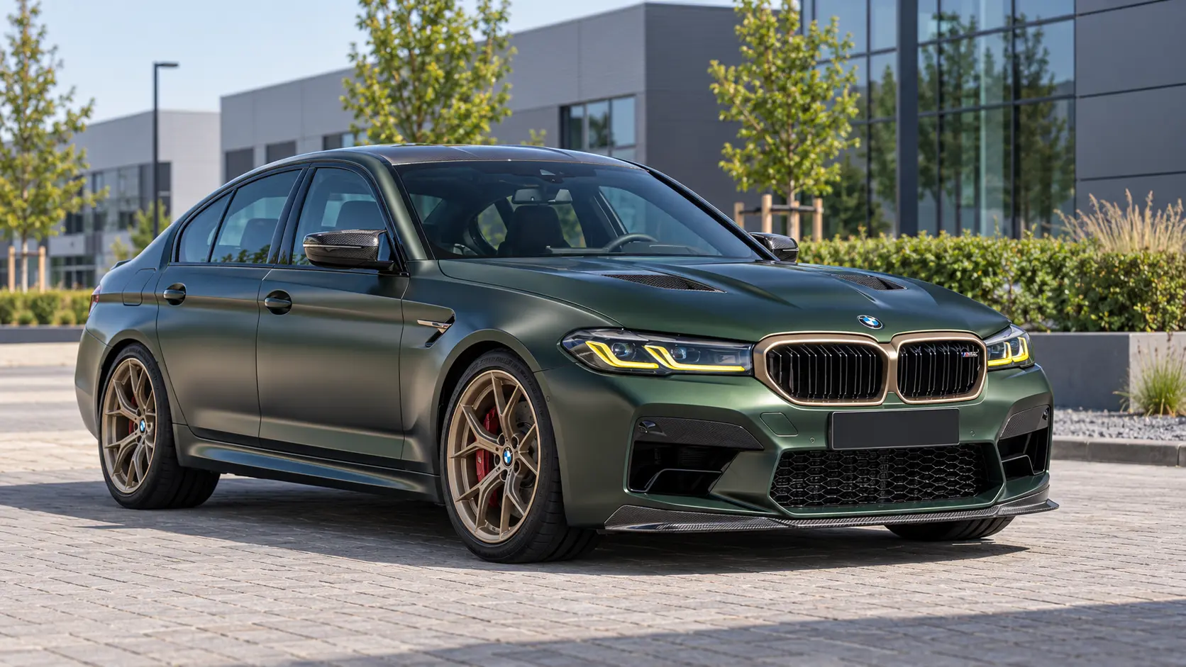 Matgroene BMW M5 CS F90 Sedan met bronzen grille en wielen