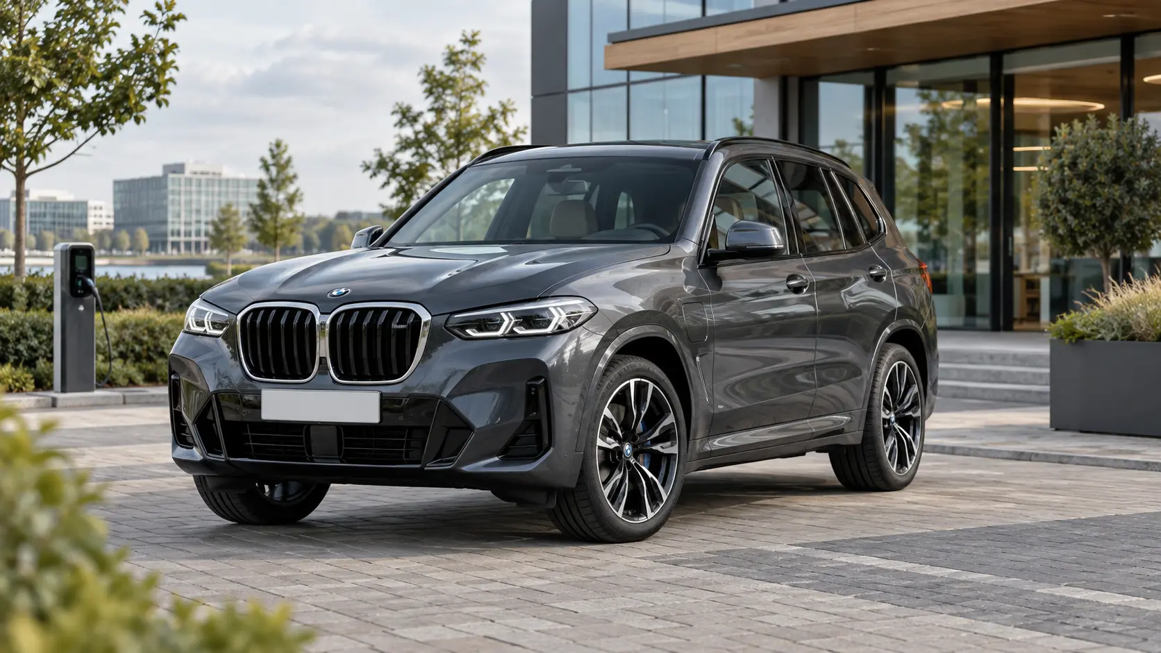 Grijze BMW X3 G01 plug-inhybride met gesloten laadklep
