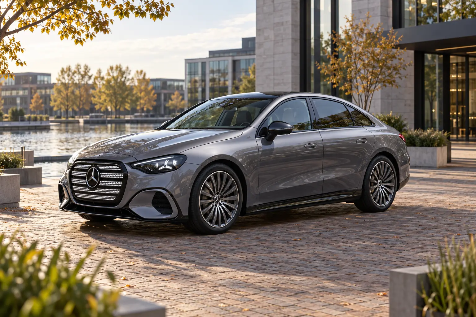 Grijze elektrische Mercedes-Benz C-Klasse van de 2026-modelfamilie