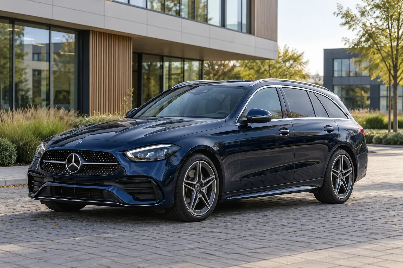 Donkerblauwe Mercedes-Benz C-Klasse Estate van de vanaf 2021 geïntroduceerde modelreeks
