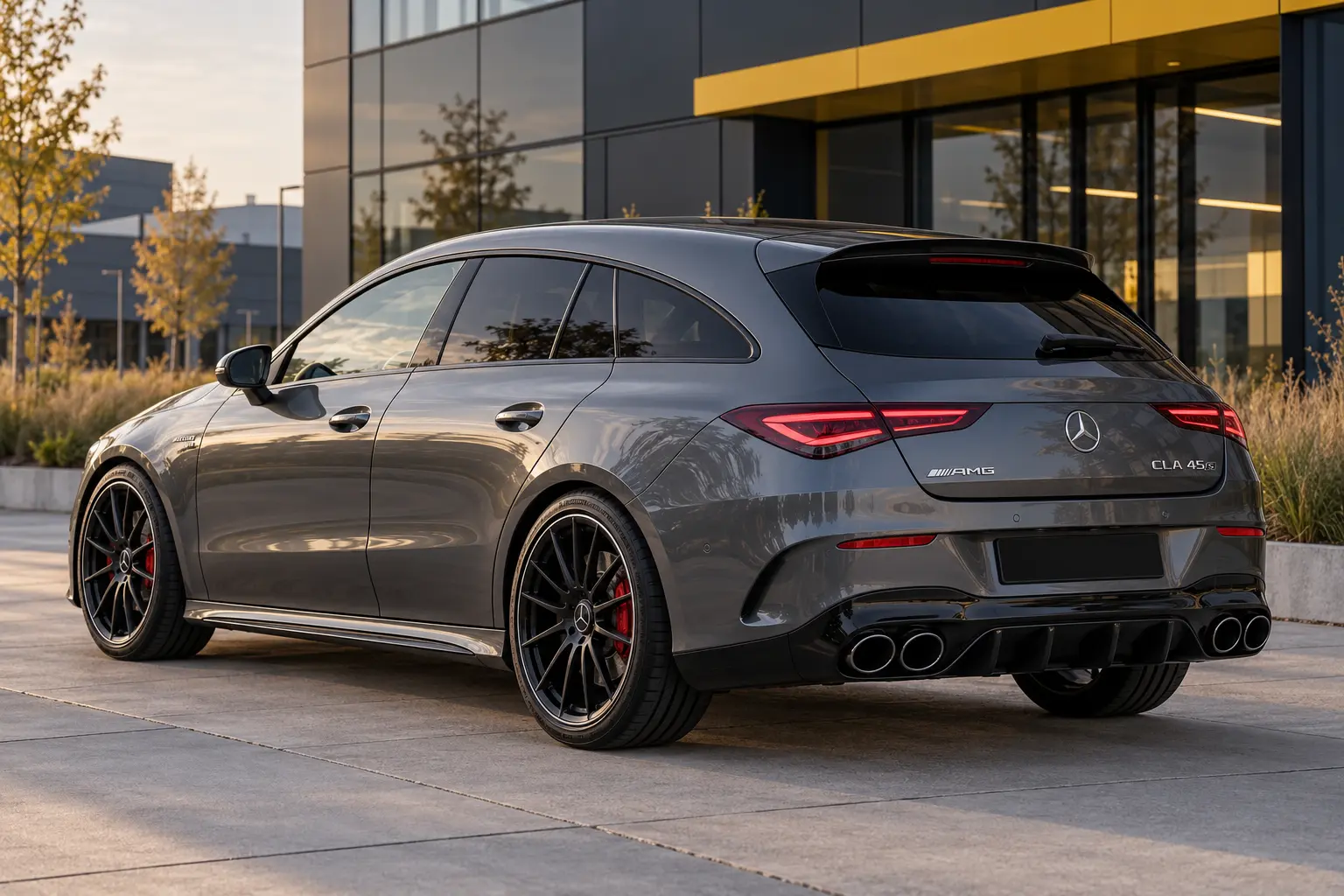 Grijze Mercedes-AMG CLA Shooting Brake van de 2019-generatie, van achteren