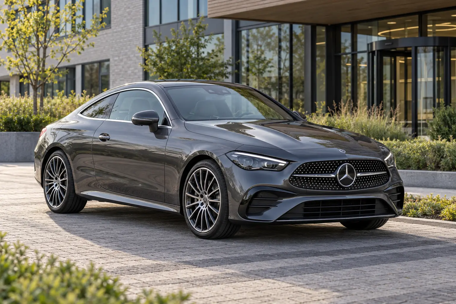 Grijze Mercedes-Benz CLE Coupé bij een modern kantoor