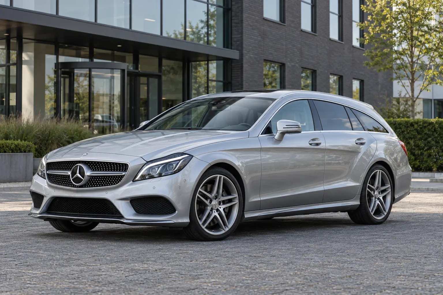 Zilveren Mercedes-Benz CLS Shooting Brake bij een modern kantoor