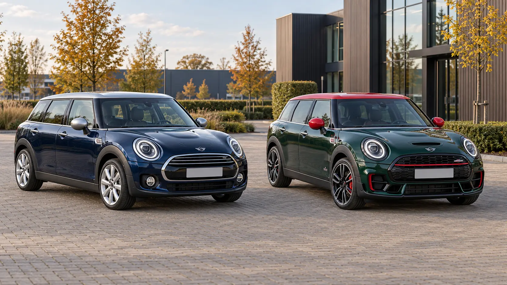 Blauwe MINI Clubman en groene John Cooper Works Clubman met rood dak bij een kantoor