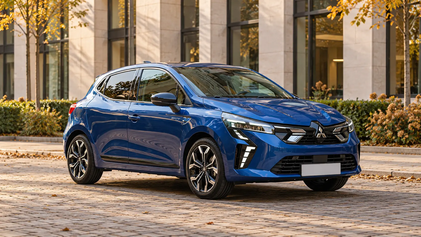Blauwe Mitsubishi COLT van de recente generatie bij een kantoor