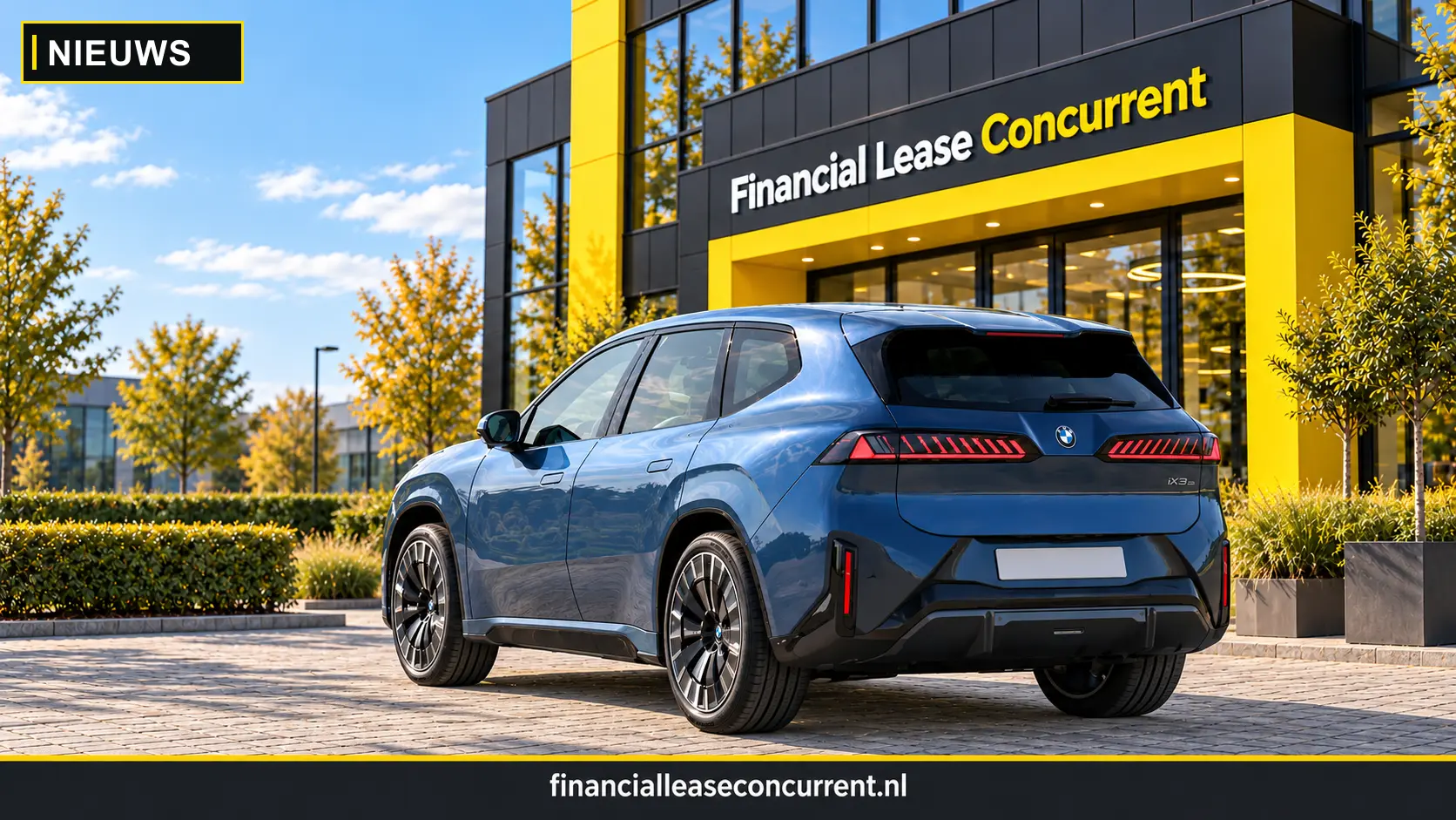 Blauwe BMW iX3 Neue Klasse bij Financial Lease Concurrent – nieuwsillustratie