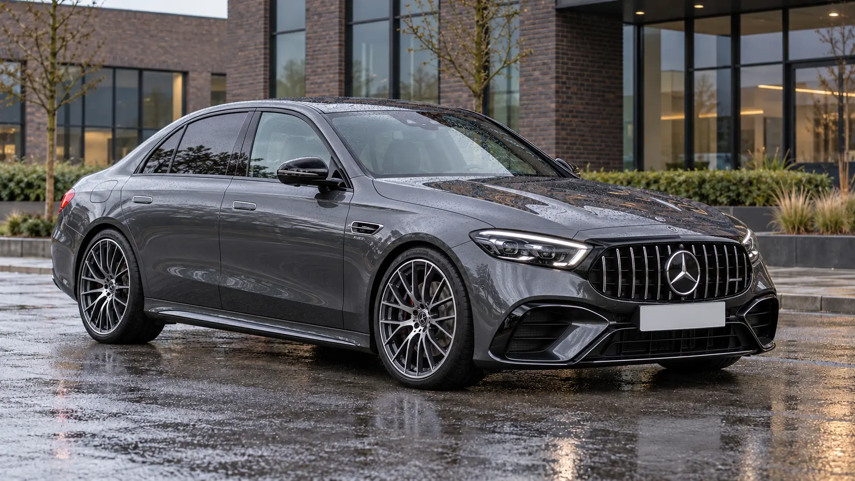 Grijze Mercedes-AMG E 53 HYBRID Limousine bij een kantoor