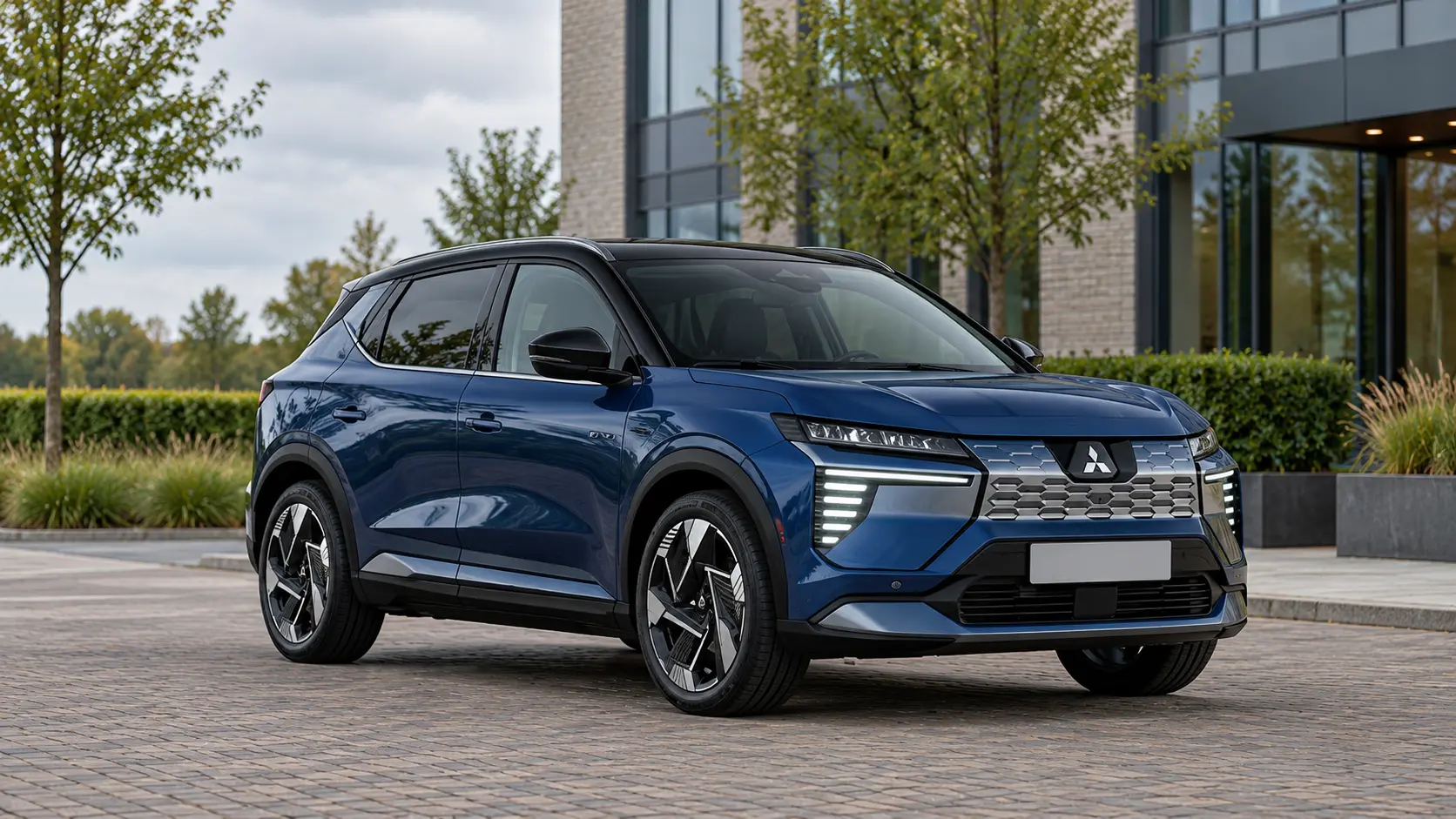 Blauwe volledig elektrische Mitsubishi Eclipse Cross van de nieuwe generatie