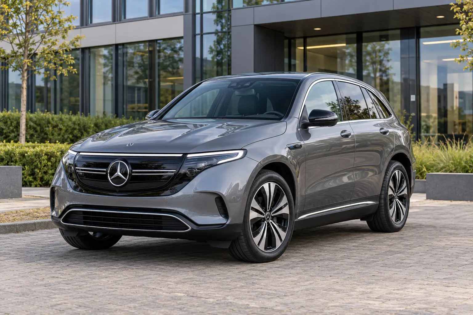 Grijze Mercedes-Benz EQC bij een modern kantoor