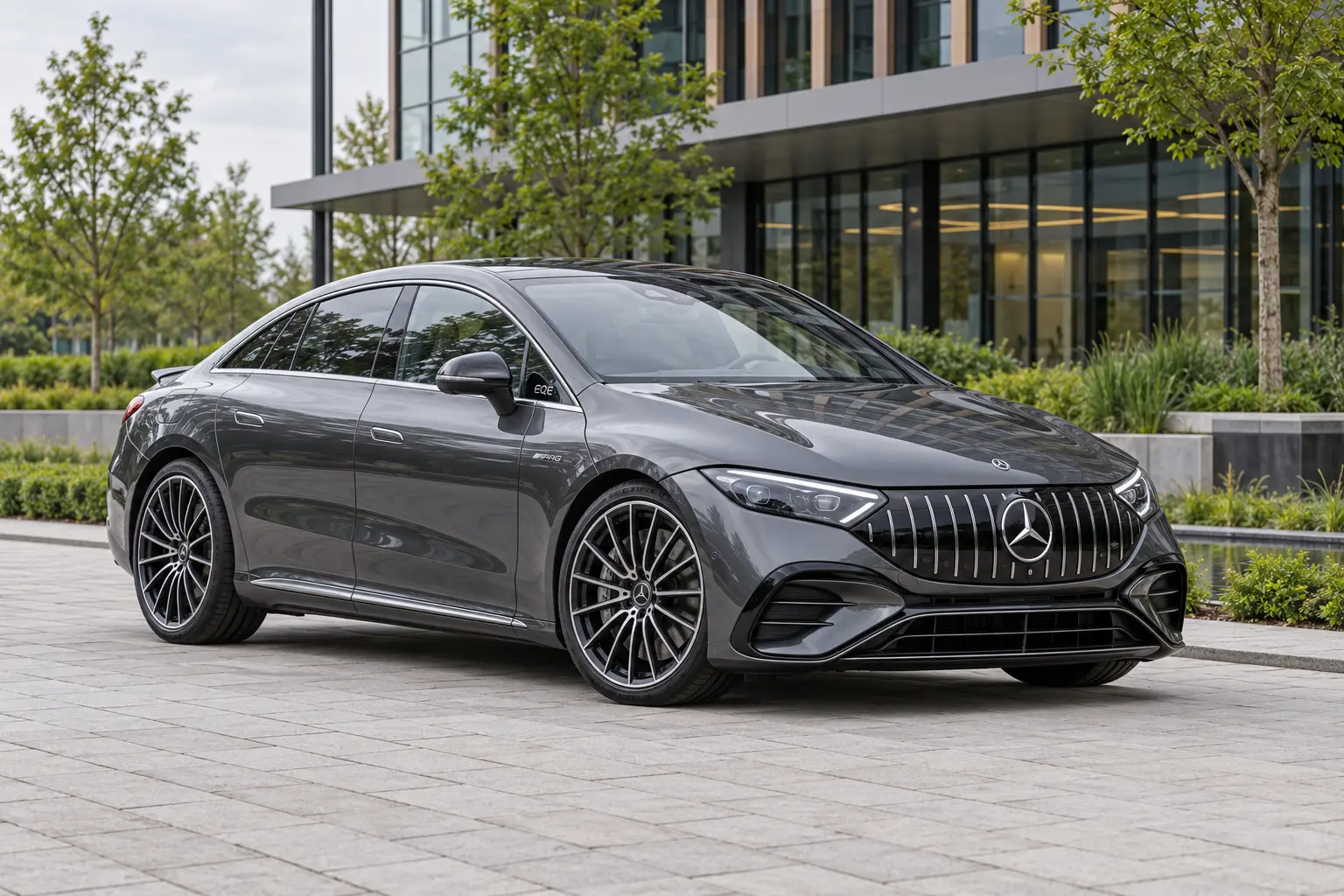 Grijze Mercedes-AMG EQE Limousine met verticale AMG-grille