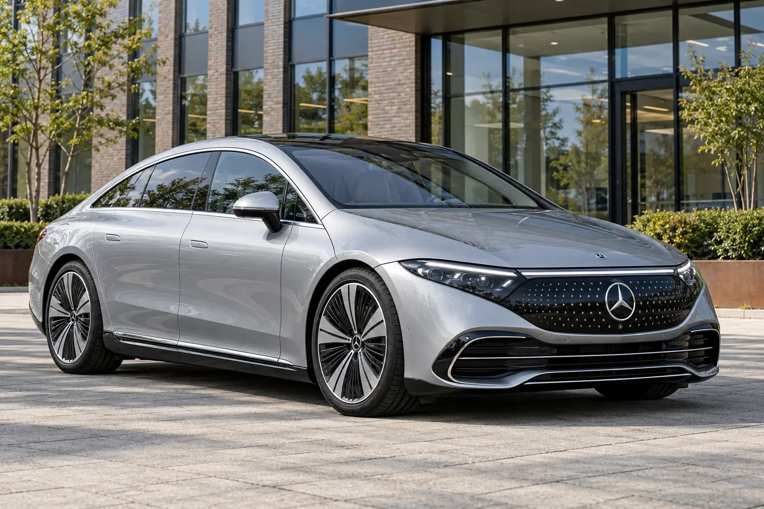 Zilveren Mercedes-Benz EQS Limousine bij een modern kantoor