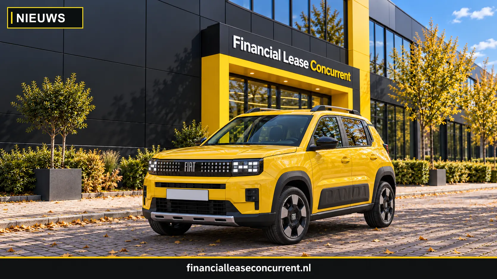 Gele Fiat Grande Panda Electric voor het zwart-gele Financial Lease Concurrent-gebouw – nieuwscover