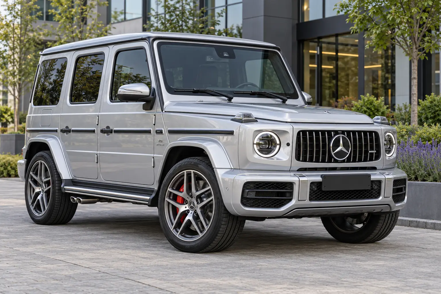 Zilveren Mercedes-AMG G 63 bij een modern kantoor