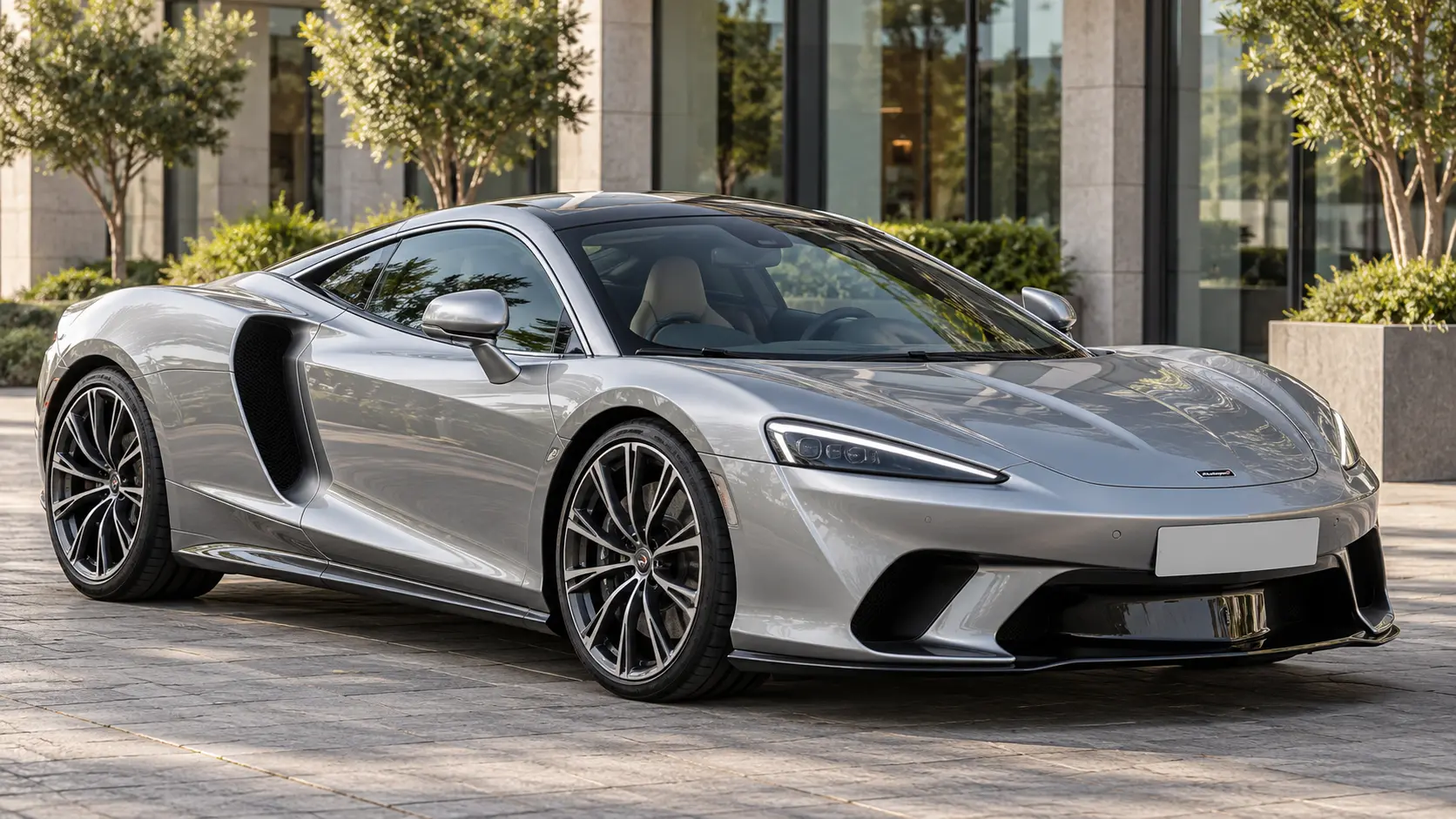 Zilvergrijze McLaren GT van de oorspronkelijke generatie