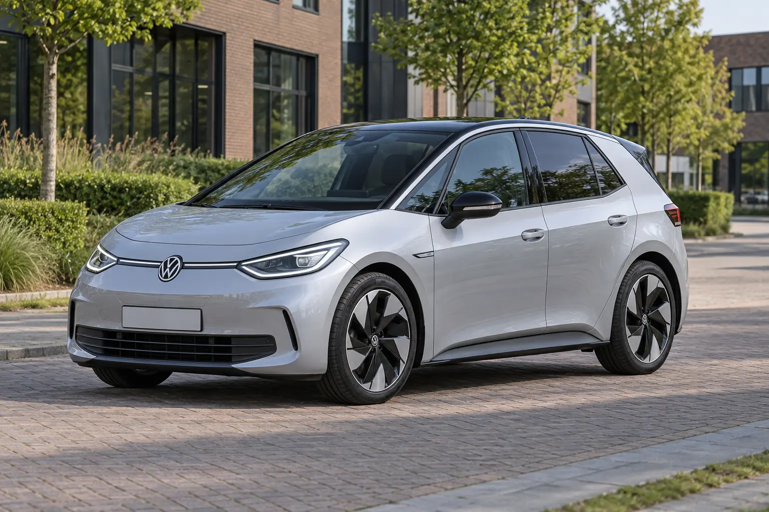 Zilverkleurige Volkswagen ID.3 van voren