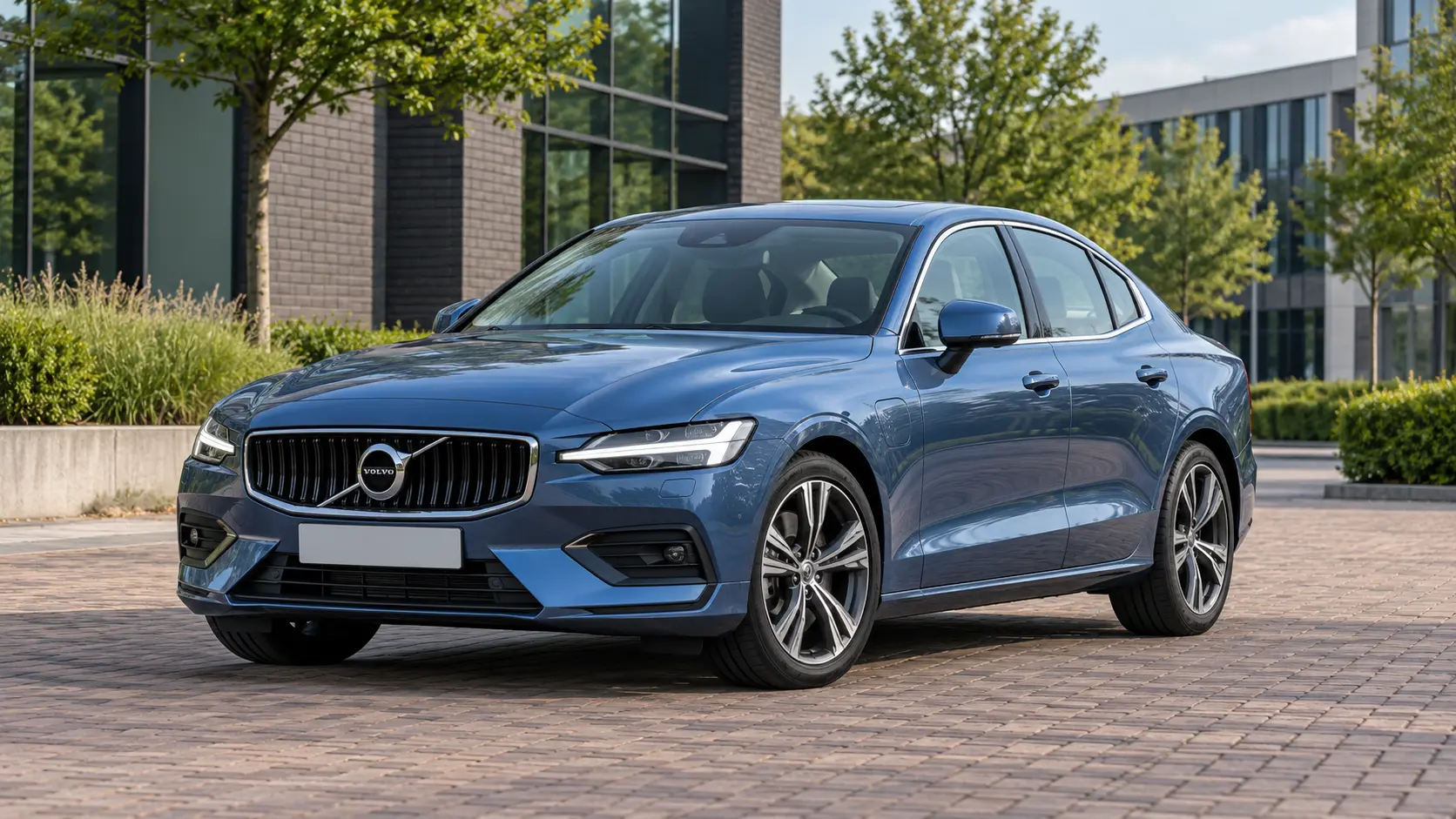 Volvo S60-sedan in blauw, van voren gezien