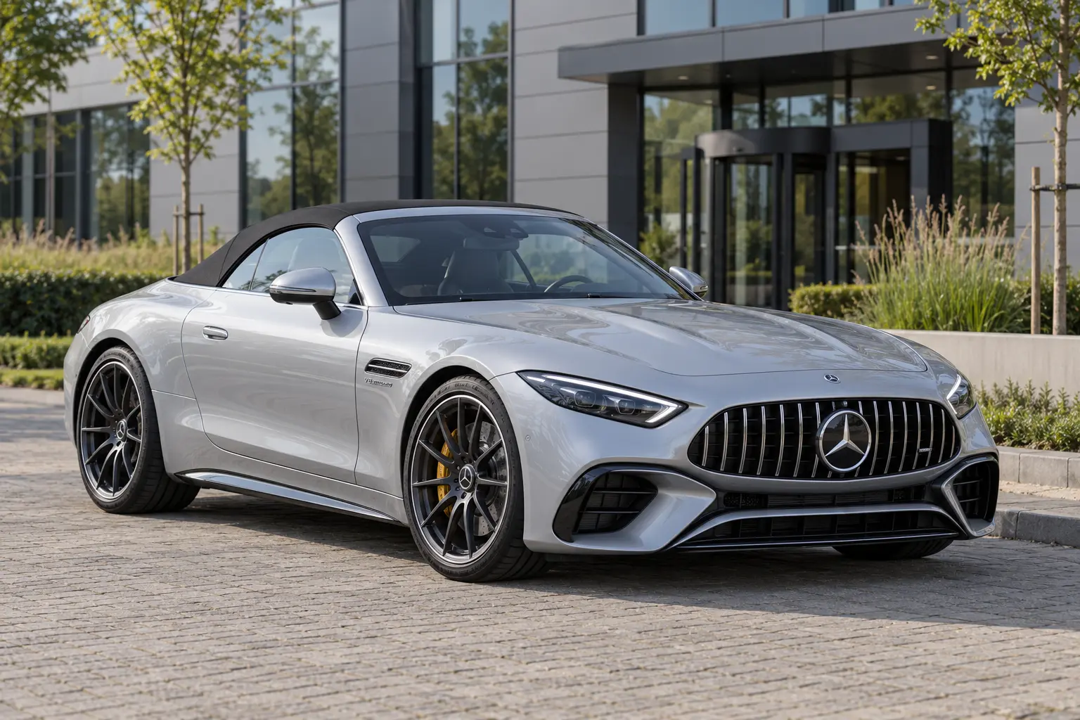 Zilveren Mercedes-AMG SL van de recente R232-generatie met gesloten softtop