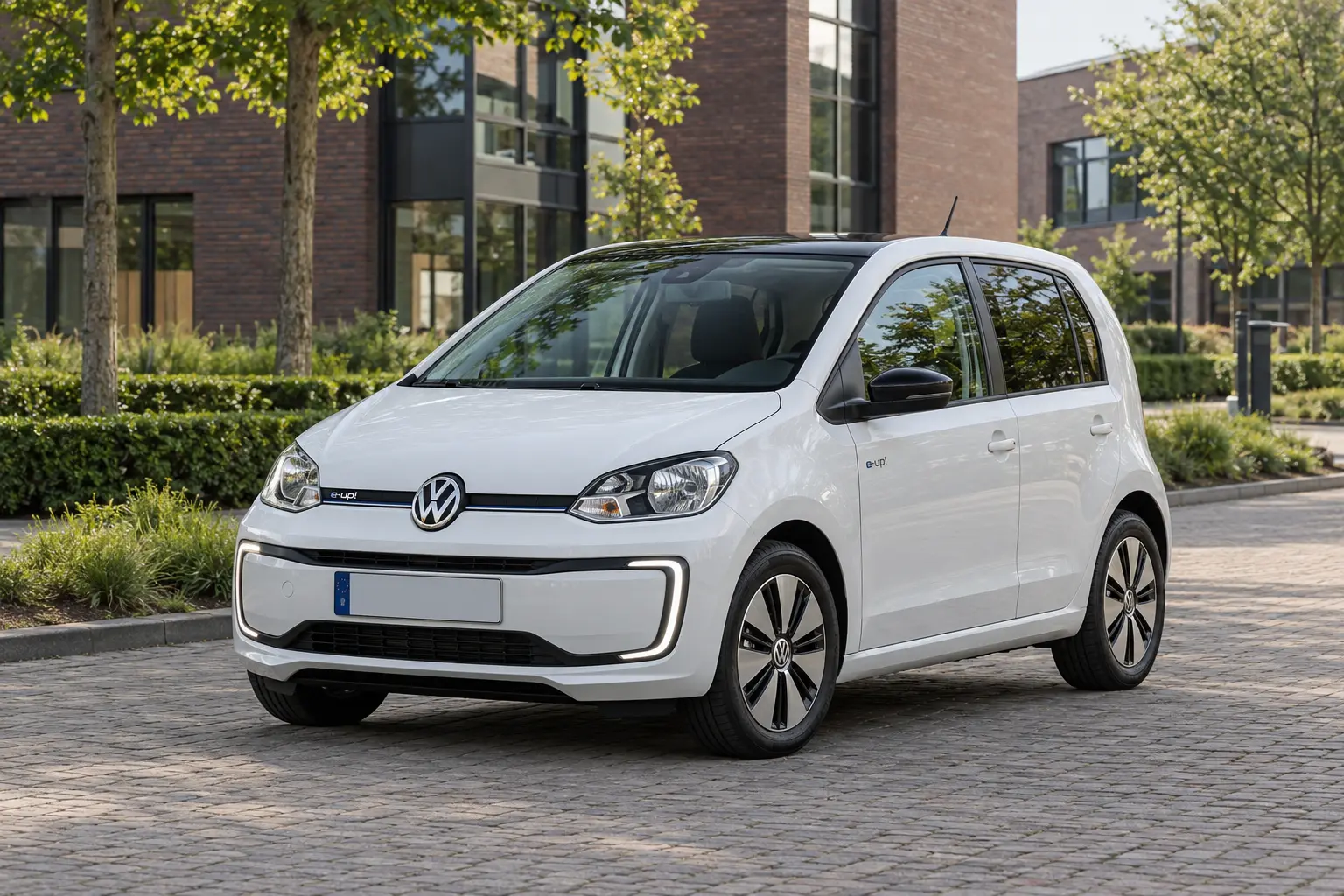 Witte Volkswagen e-up! van voren