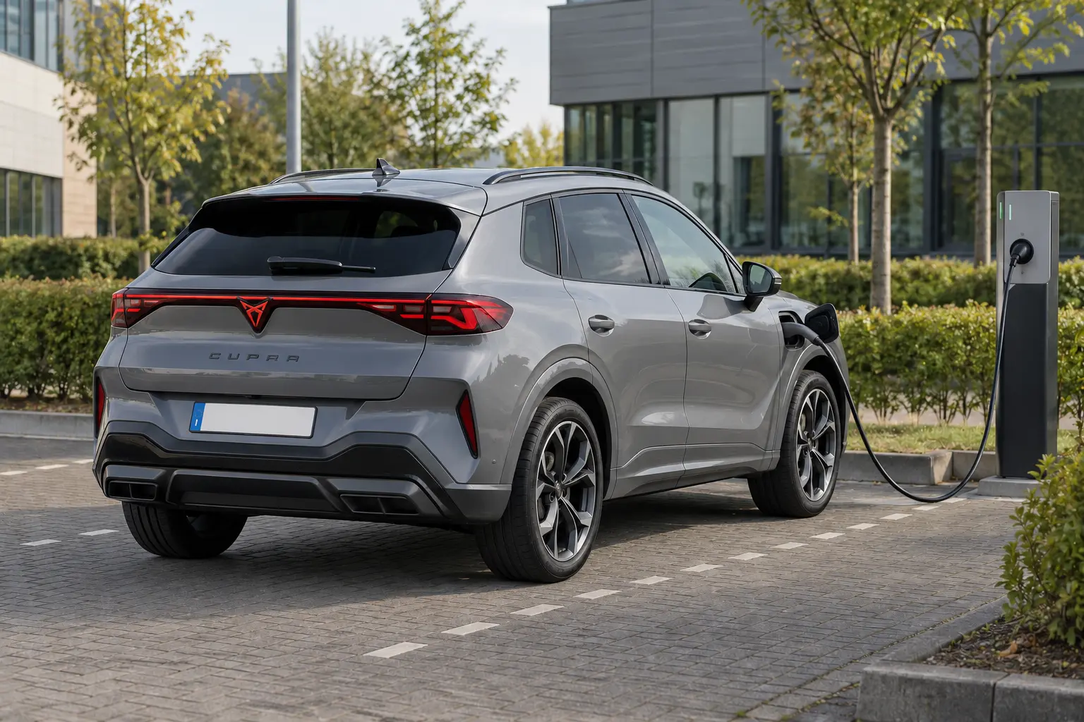 CUPRA Terramar e-Hybrid bij een laadpunt op een Nederlandse parkeerplaats