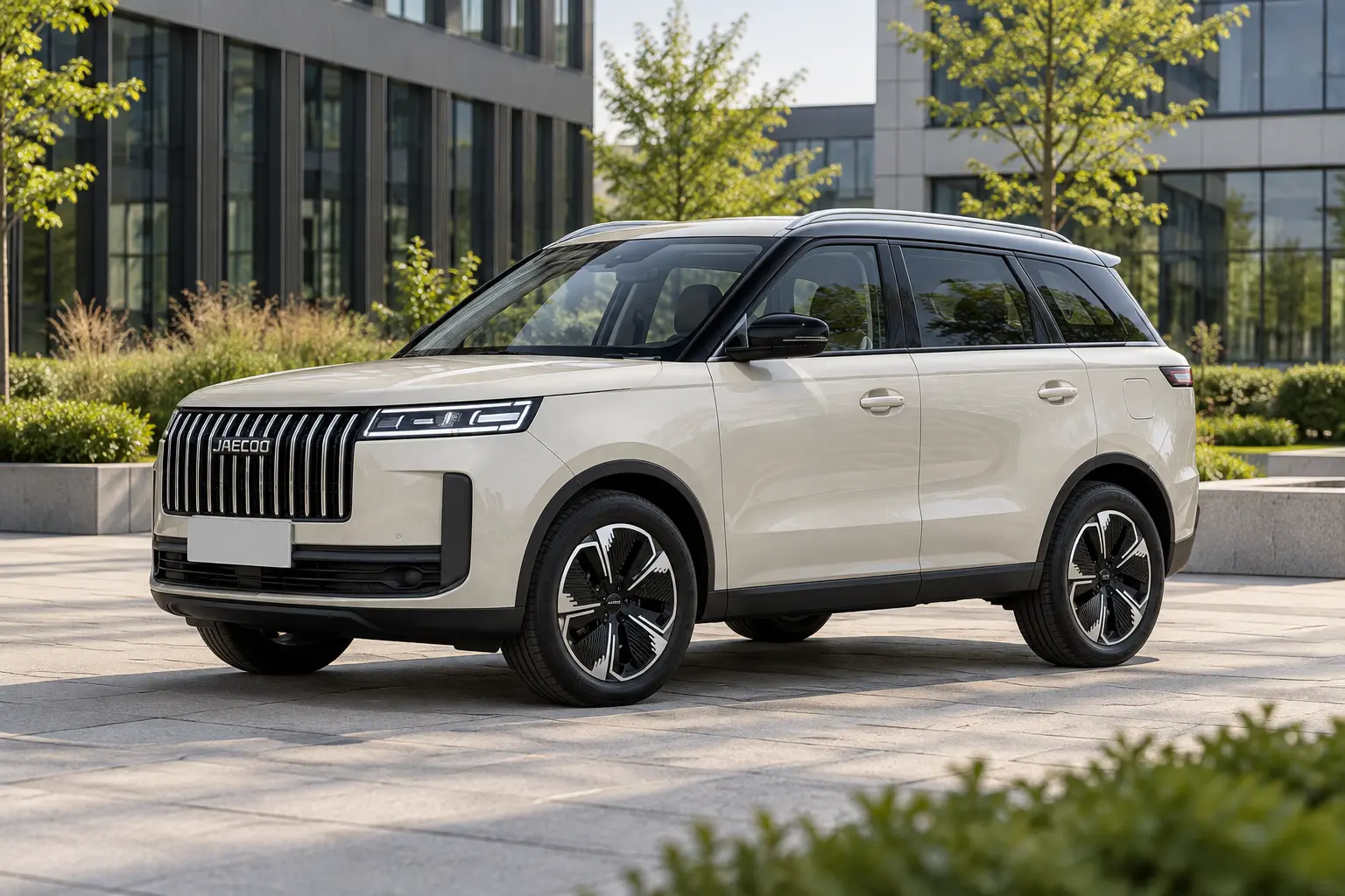 Khaki-witte JAECOO 5 SHS-H met de verticale grille, driekwart van voren als algemene carrosserie-illustratie