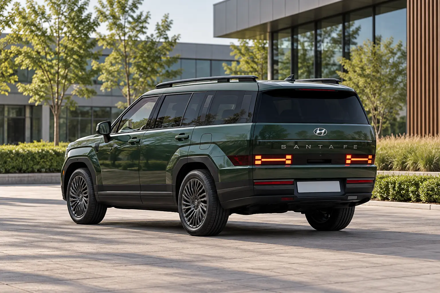 Groene Hyundai SANTA FE van de vijfde generatie, van achteren met de brede klep en laag geplaatste H-vormige achterlichten