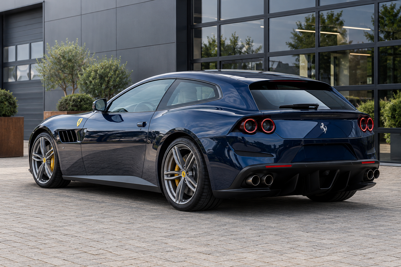Donkerblauwe Ferrari GTC4Lusso met lange daklijn en achterklep, schuin van achteren