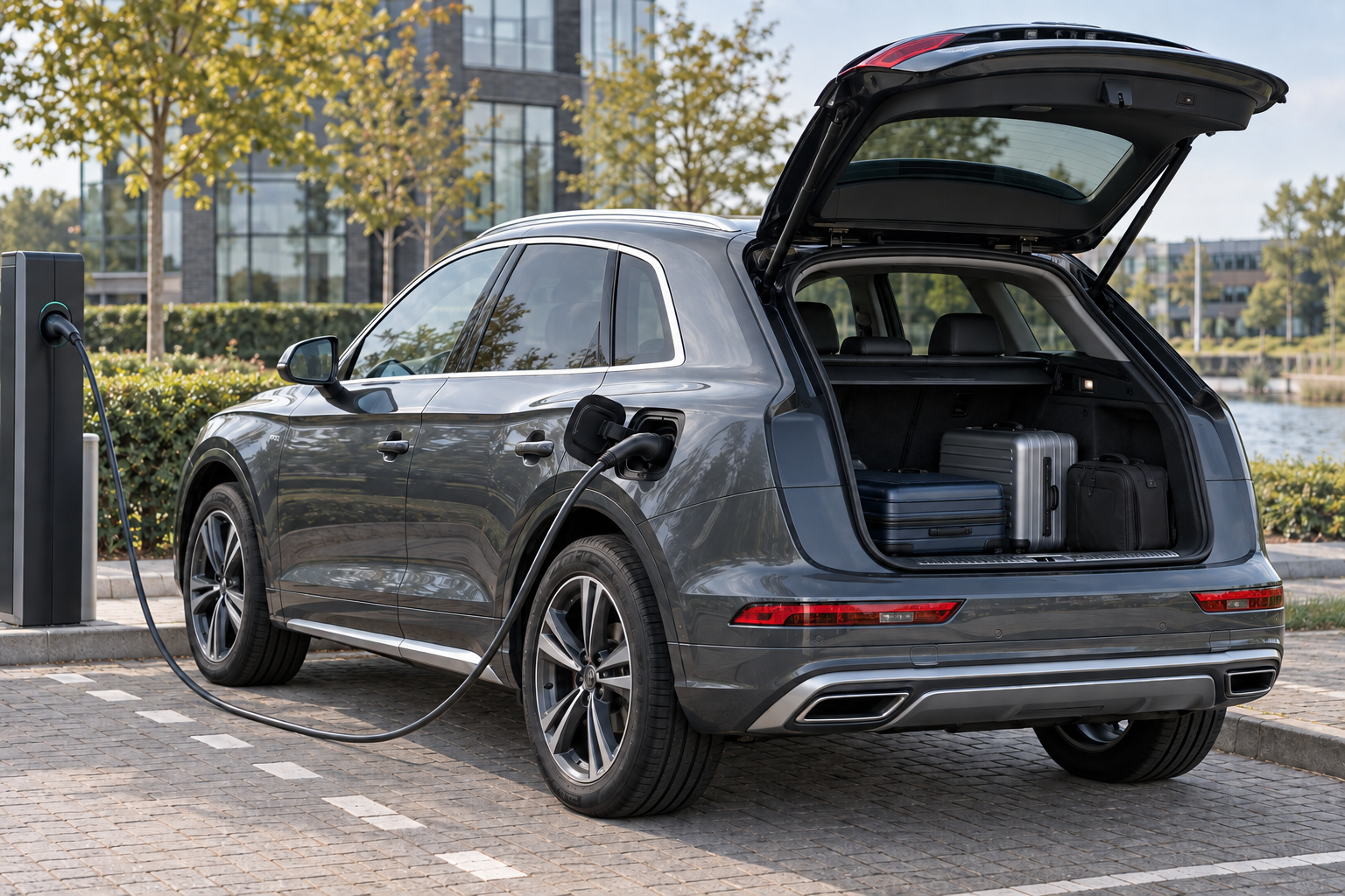 Audi Q5 TFSI e SUV van de vernieuwde tweede generatie bij een laadpunt, gezien van achteren met geopende achterklep