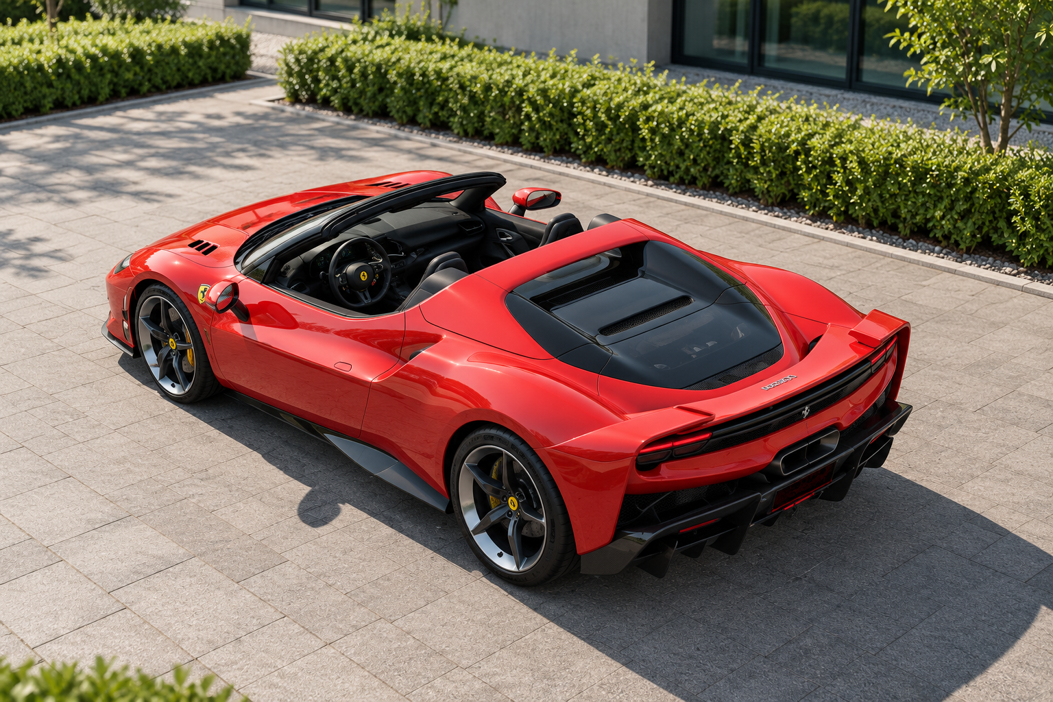 Rode Ferrari 296 Speciale A met geopend dak, van schuin boven en achteren