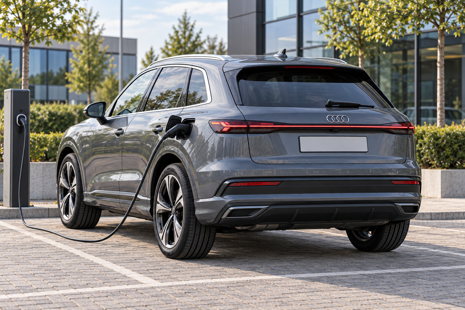 Audi Q5 e-hybrid van de nieuwe generatie bij een AC-laadpunt op een kantoorparkeerplaats