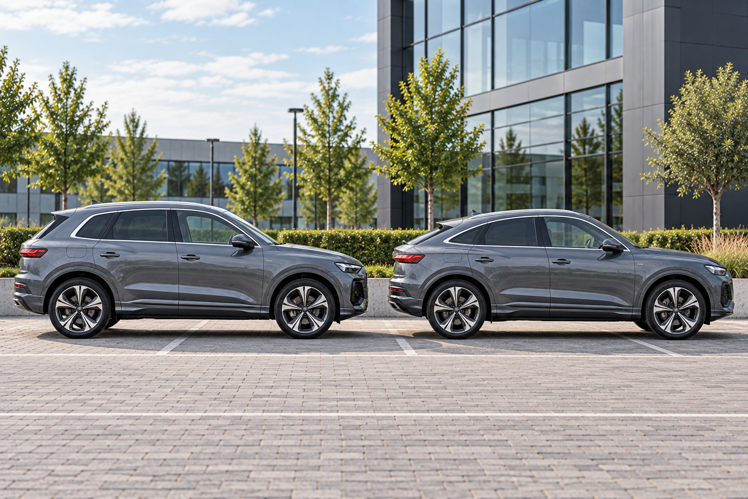 Audi Q5 SUV en Q5 Sportback van de generatie vanaf 2025 naast elkaar in zijaanzicht, met hun verschillende daklijnen zichtbaar