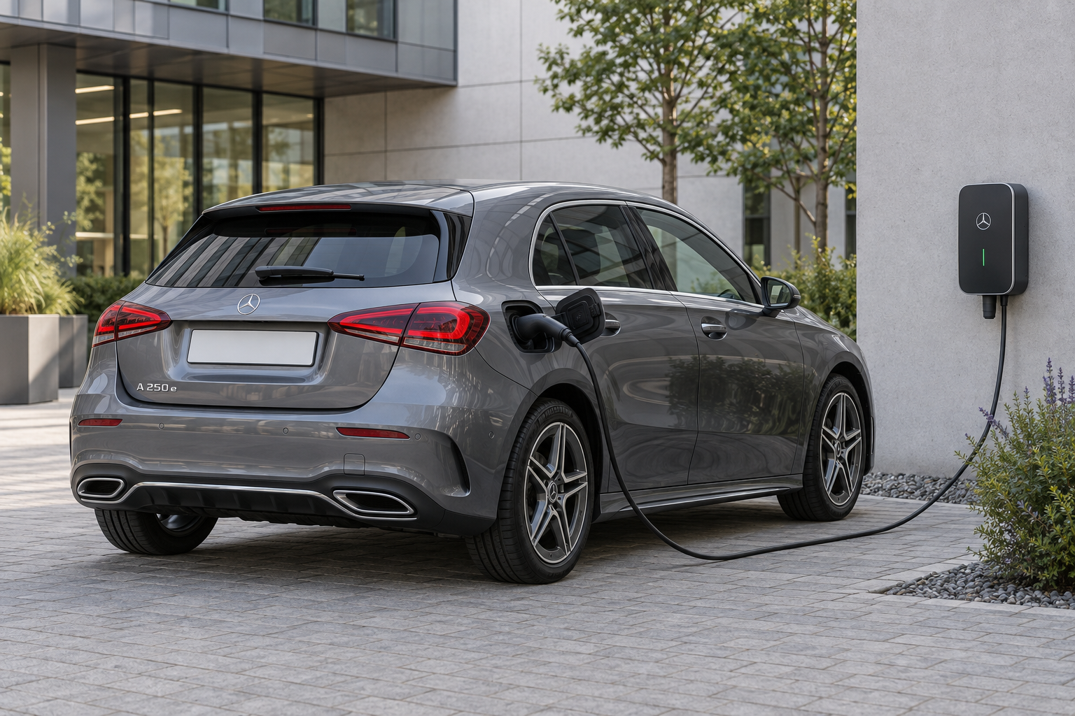 AI-illustratie van een grijze Mercedes-Benz A 250 e hatchback bij een laadpunt