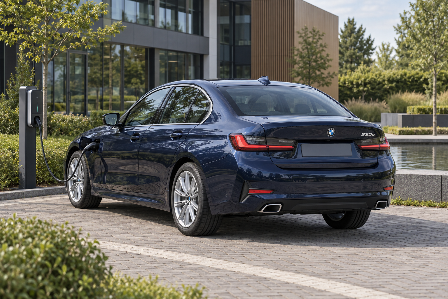 BMW 3 Serie plug-inhybride aangesloten op een laadpaal