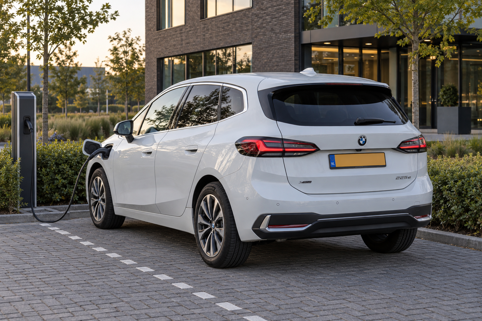 Witte BMW 2 Serie Active Tourer U06 tijdens het laden naast een Nederlands kantoorgebouw