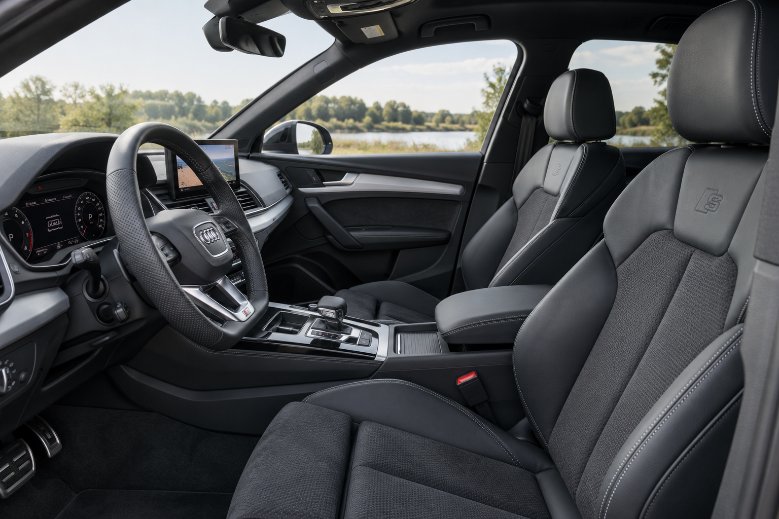 Sportstoelen en donker interieur van een Audi Q5 S edition uit de vernieuwde tweede generatie