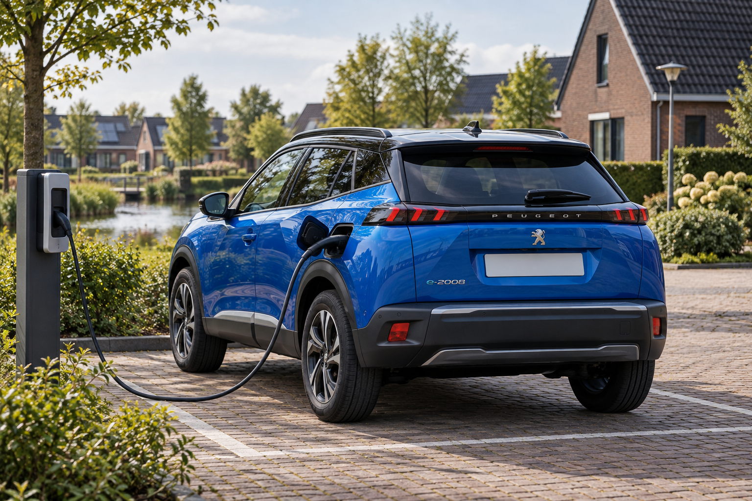 Blauwe Peugeot E-2008 bij een laadpunt, illustratie van volledig elektrisch gebruik