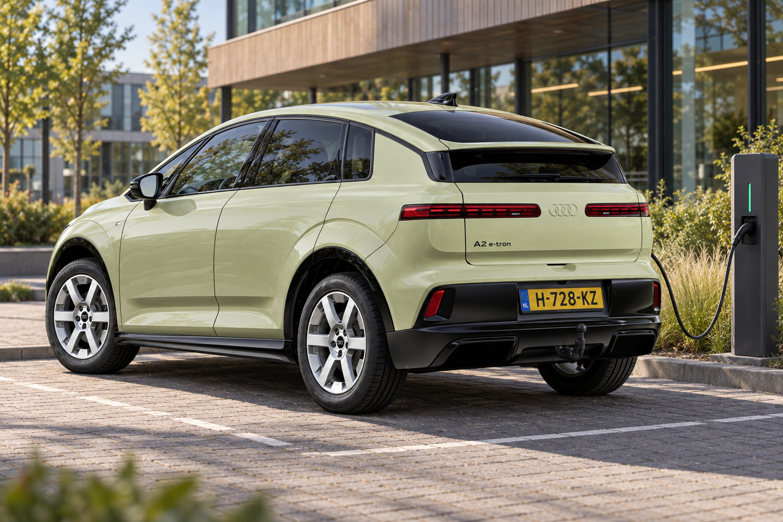 Illustratie van een groene Audi A2 e-tron, van achteren gezien bij een bedrijfslocatie