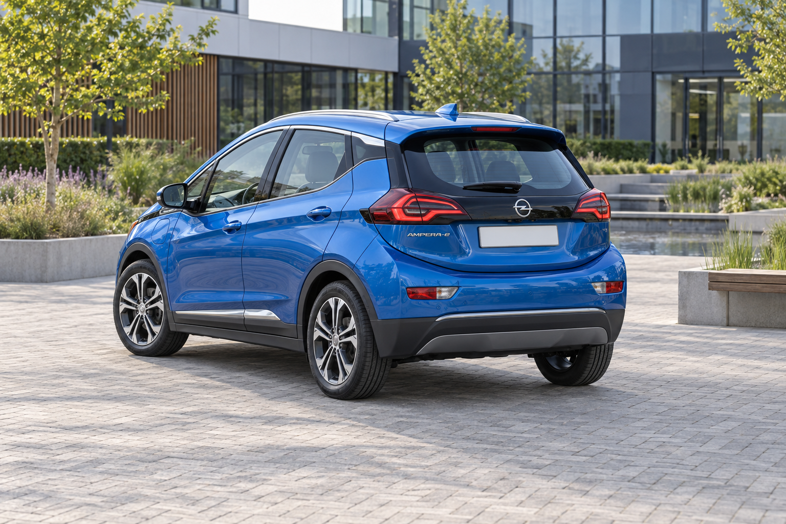 Blauwe Opel Ampera-e van achteren bij een modern kantoor