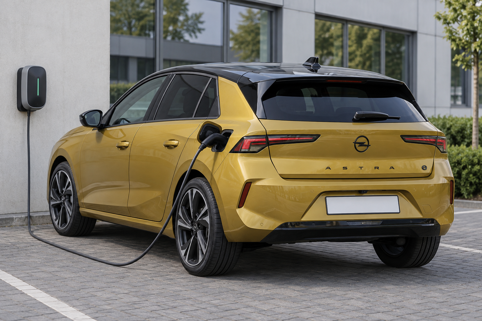 Opel Astra Electric van achteren met aangesloten laadkabel