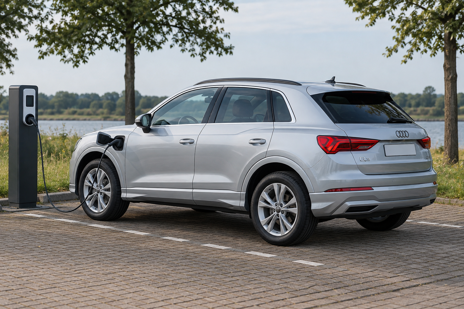 Audi Q3 45 TFSI e SUV met laadkabel aan de linker voorvleugel