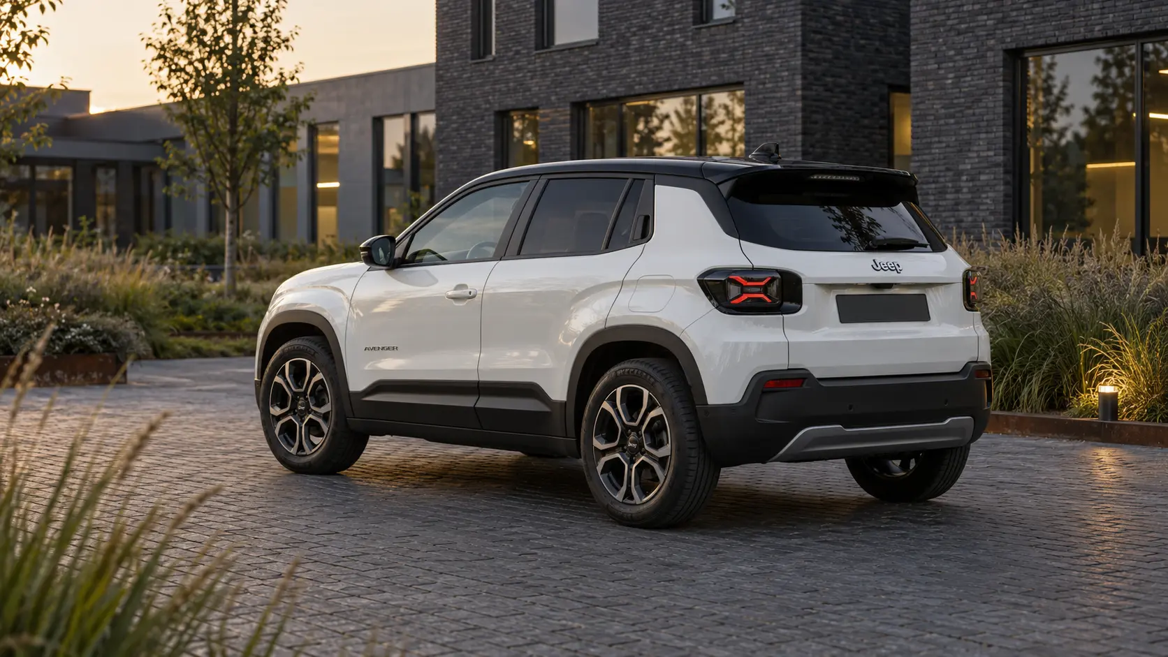Witte Jeep Avenger van achteren op een zakelijke parkeerplaats