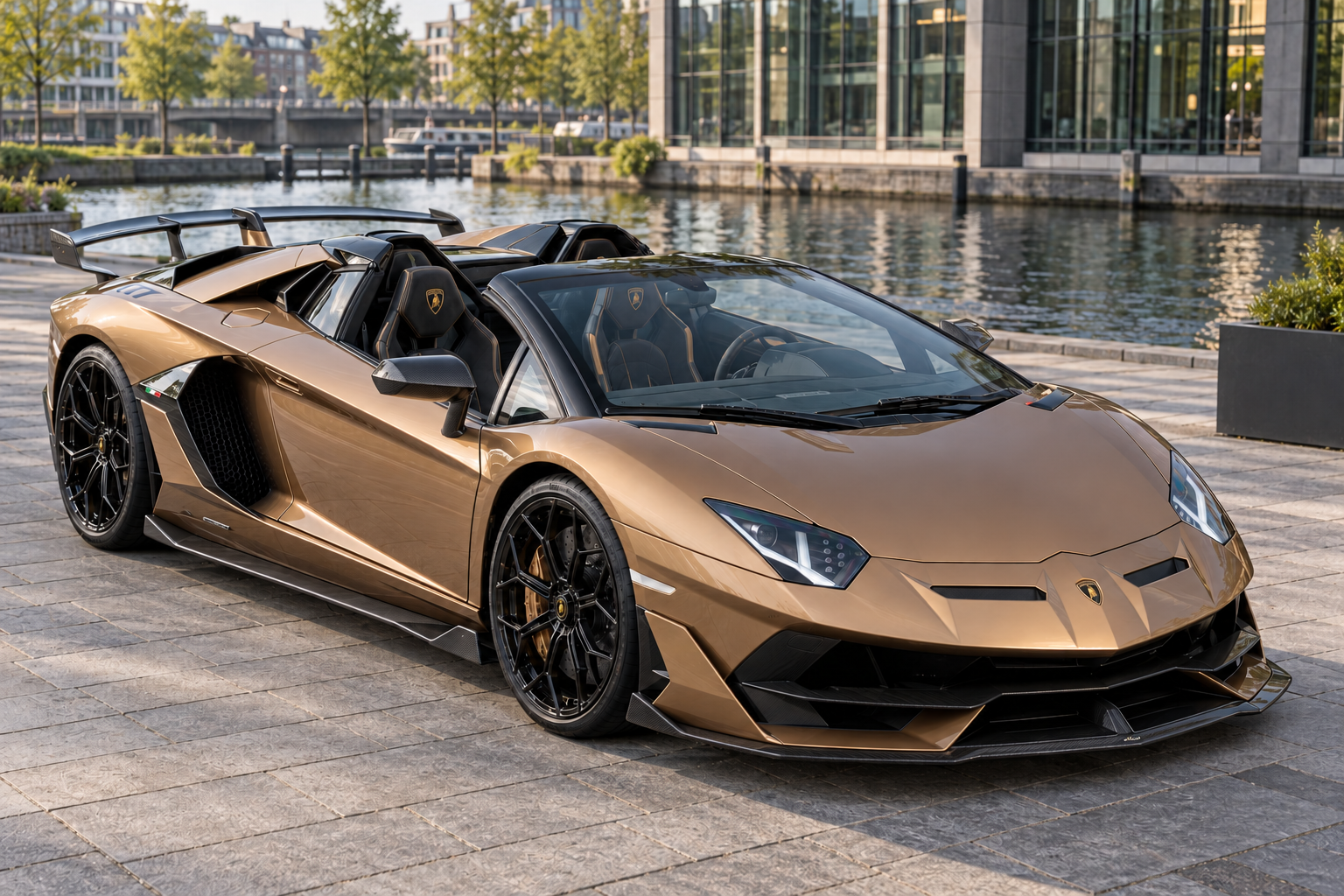 Modelillustratie van een bronzen Aventador SVJ Roadster; de carrosserie is een afzonderlijke keuze naast de Coup&eacute;